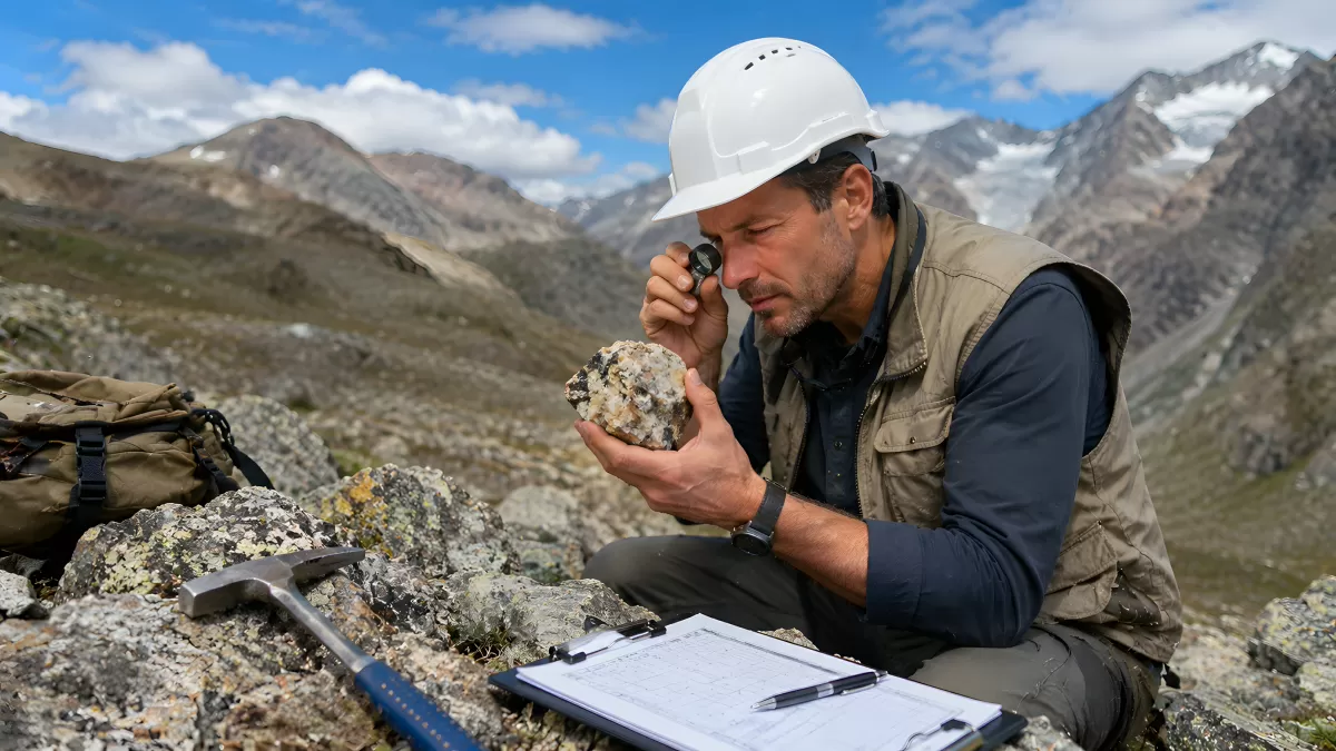 Geologe untersucht Gesteinsprobe in Berglandschaft
