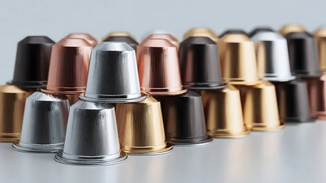 Geometrisches Muster aus Kaffeekapseln in neutralen Farben