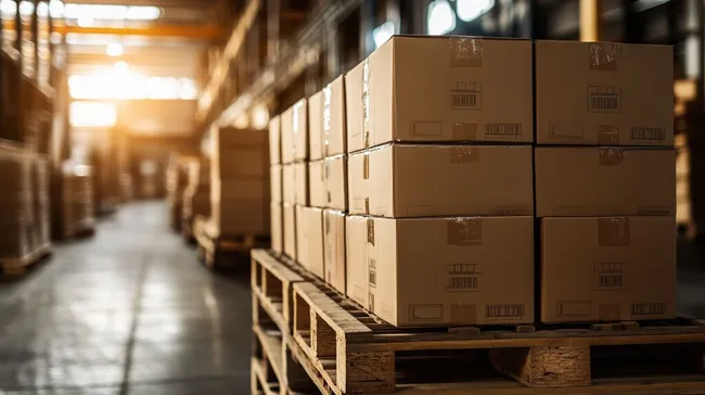 Geordnete Kartonpaletten in modernem Lagerraum