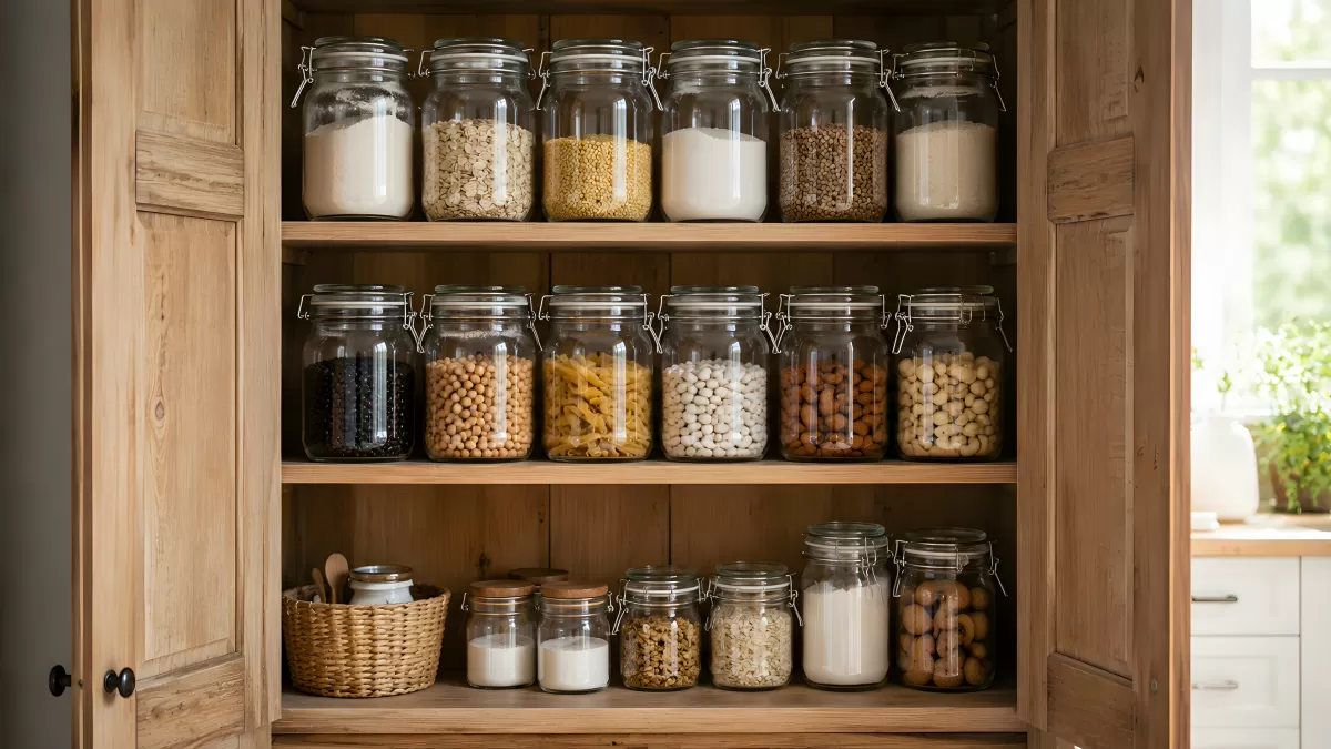 Geordnete Vorratsgläser in einem Holzschrank
