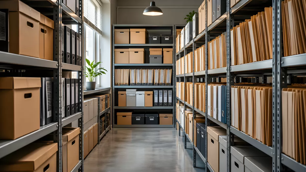 Geordnetes Archivlager mit Regalen und Aktenboxen