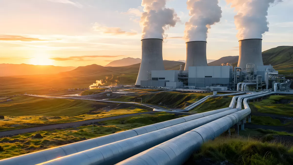 Geothermiekraftwerk mit Kühltürmen bei Sonnenuntergang