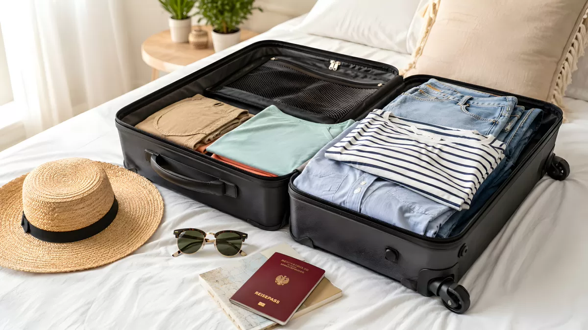 Gepackter Koffer mit Kleidung und Reisepass auf Bett
