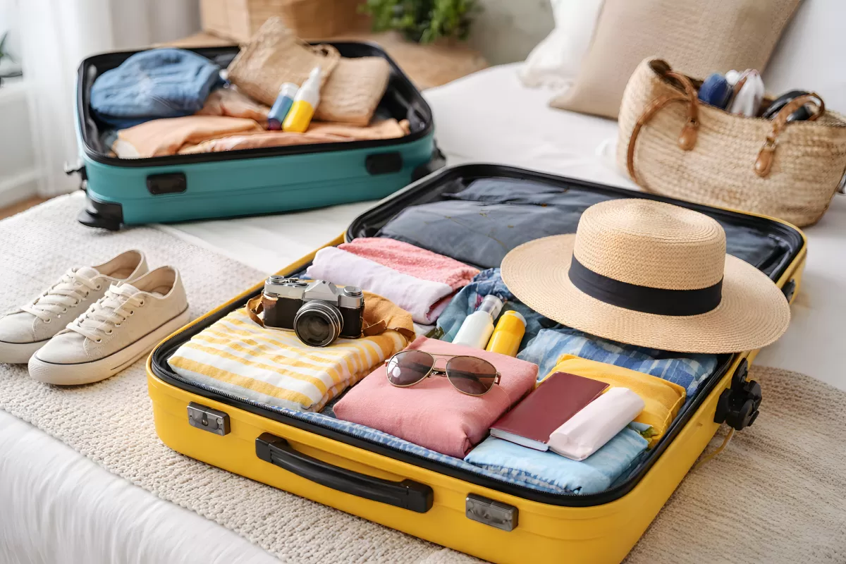 Gepackter Koffer mit Reiseutensilien für den Sommerurlaub