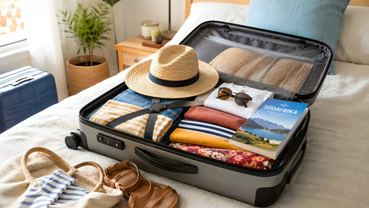 Gepackter Koffer mit Sommerkleidung für Südafrika-Reise