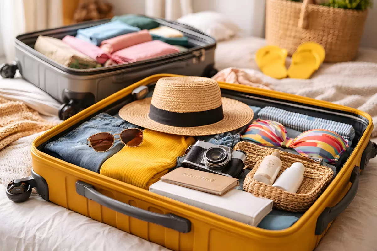 Gepackter Koffer mit Sommerkleidung und Reisezubehör