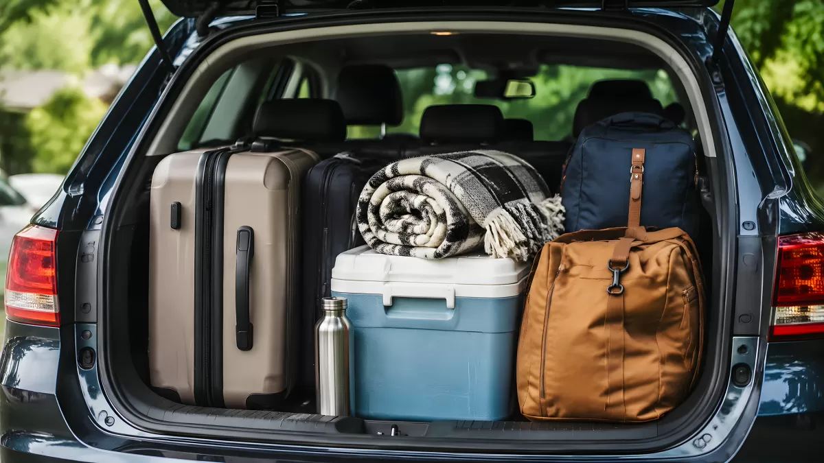 Gepackter Kofferraum mit Koffern und Kühlbox auf Reise