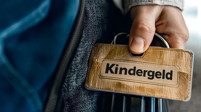 Gepäckanhänger mit Aufschrift 'Kindergeld' am Koffer
