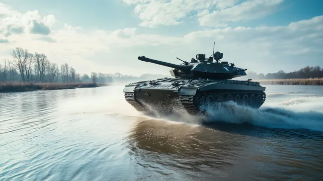 Gepanzerter Panzer überquert Flusslandschaft