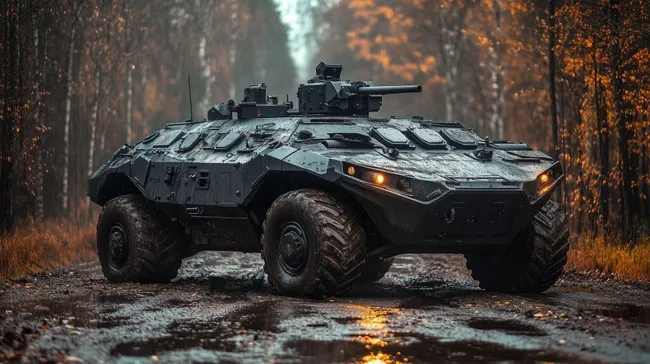 Gepanzertes Militärfahrzeug im Herbstwald