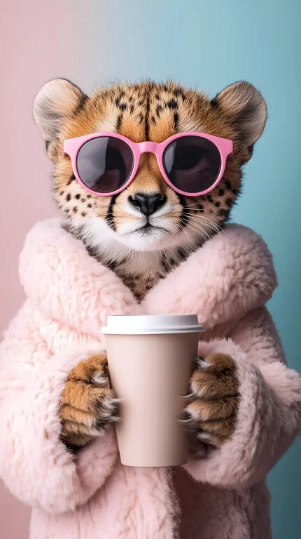 Gepard mit pinker Sonnenbrille und Kaffeebecher