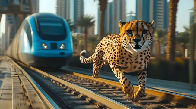 Gepard rennt neben Hochgeschwindigkeitszug durch Stadt