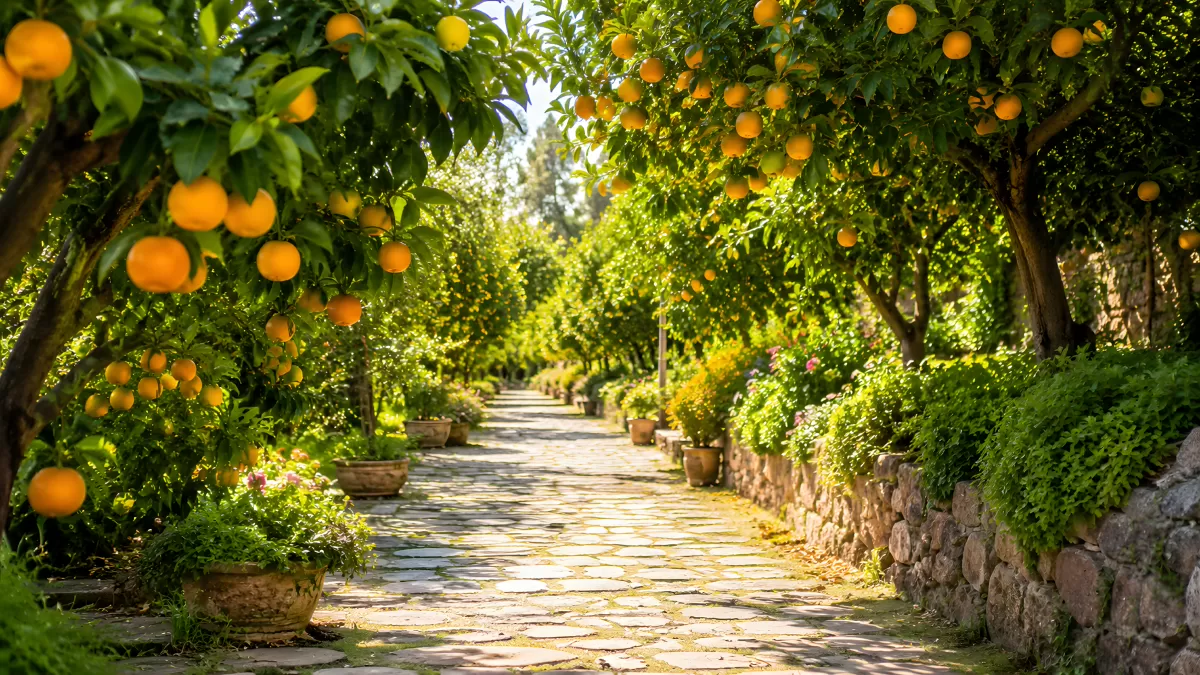 Gepflasterter Gartenweg zwischen blühenden Orangenbäumen