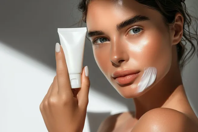 Gepflegte Frau mit Hautpflegecreme auf dem Gesicht