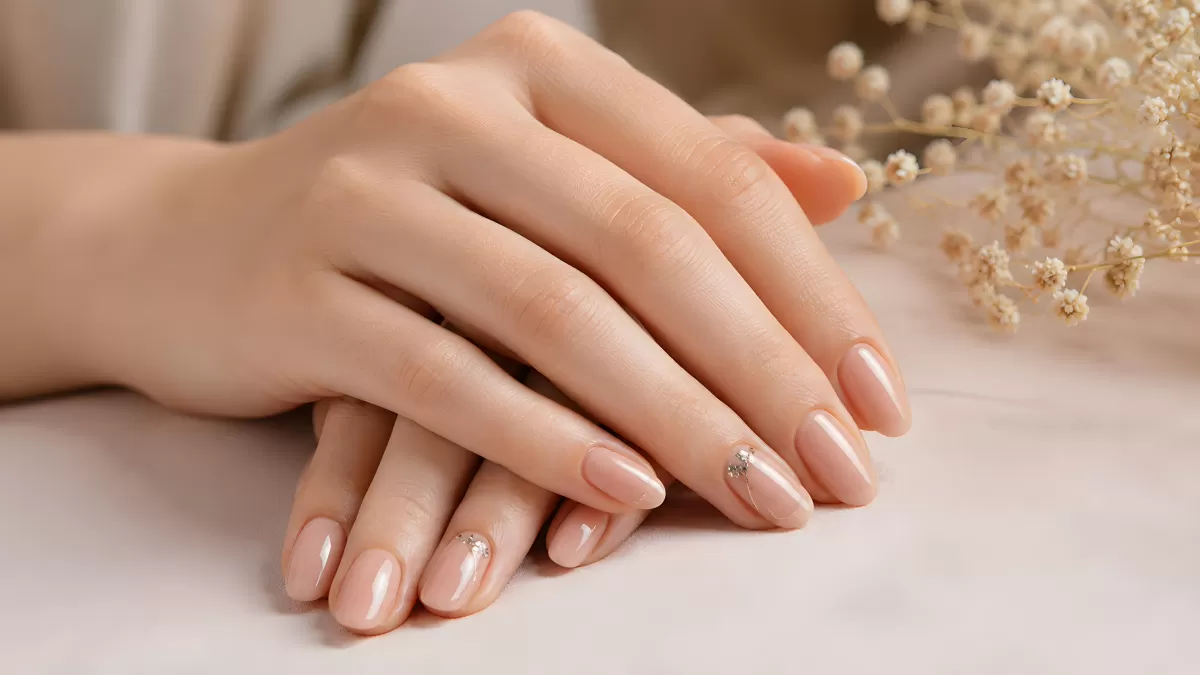 Gepflegte Hände mit zartem Nude-Nagellack und Strassstein