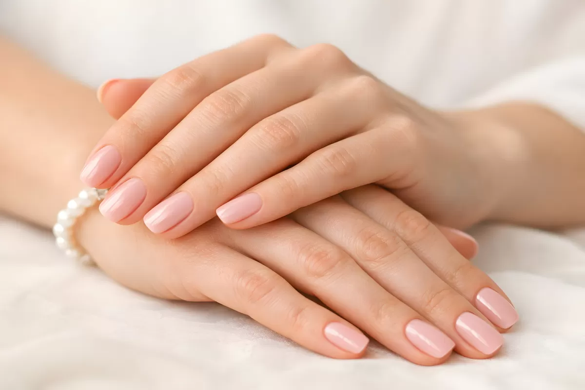 Gepflegte Hände mit zartrosa Gelnägeln und Perlenarmband