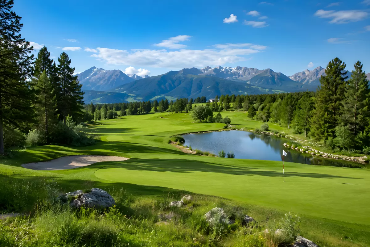 Gepflegter Golfplatz mit Bergpanorama und See