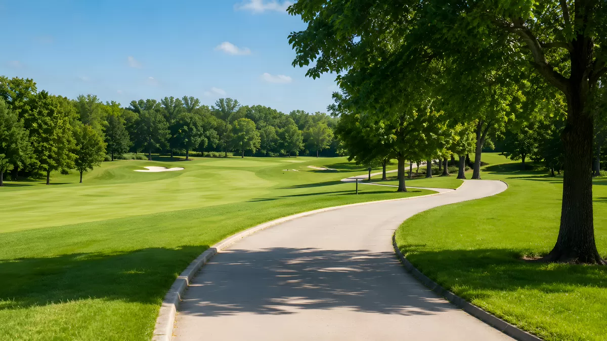 Gepflegter Golfplatz mit geschwungenem Weg im Sommer