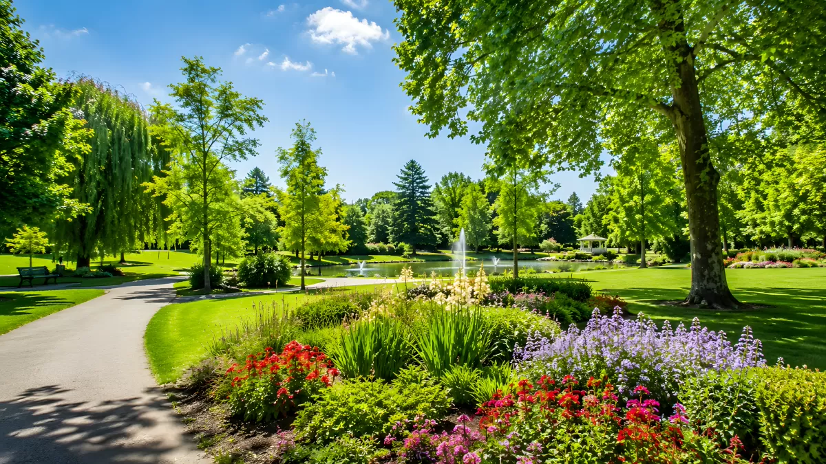 Gepflegter Stadtpark mit Fontäne und Blumenbeeten