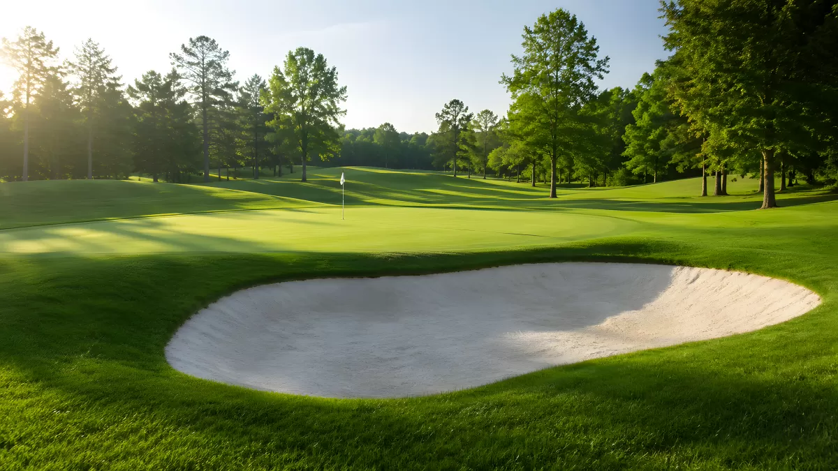 Gepflegtes Golfplatz-Grün mit Sandbunker im Morgenlicht