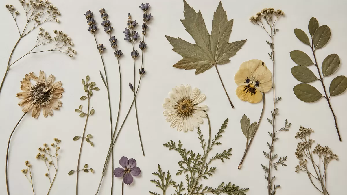 Gepresste Blumen und Blätter als botanische Sammlung