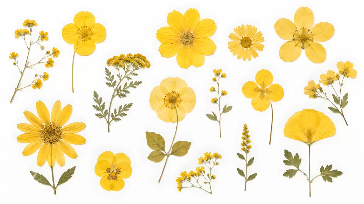 Gepresste gelbe Wildblumen auf weißem Hintergrund