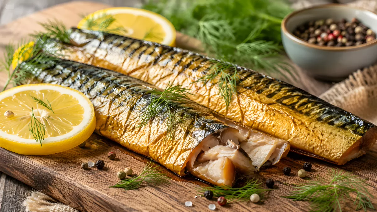 Geräucherte Makrele mit Zitrone und Dill auf Holzbrett