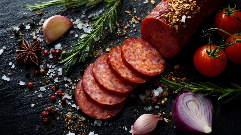 Geräucherte Wurstscheiben mit Gewürzen und Tomaten