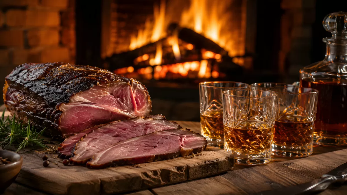 Geräucherter Schinken mit Whisky am Kaminfeuer