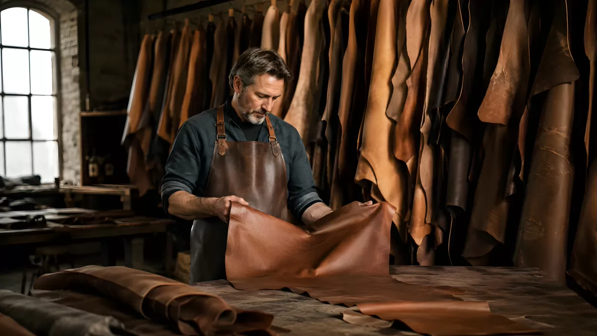 Gerber prüft Leder in einer traditionellen Werkstatt