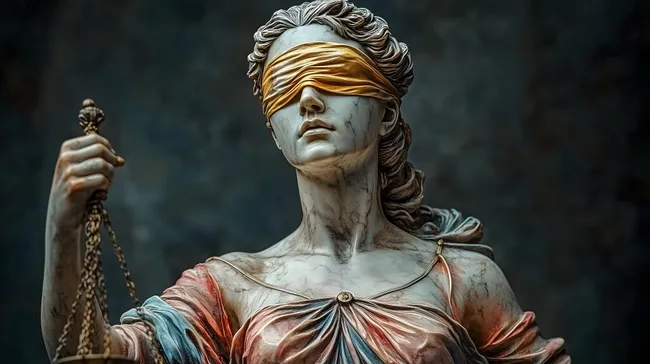 Gerechtigkeit als goldverhüllte Göttin mit Waage