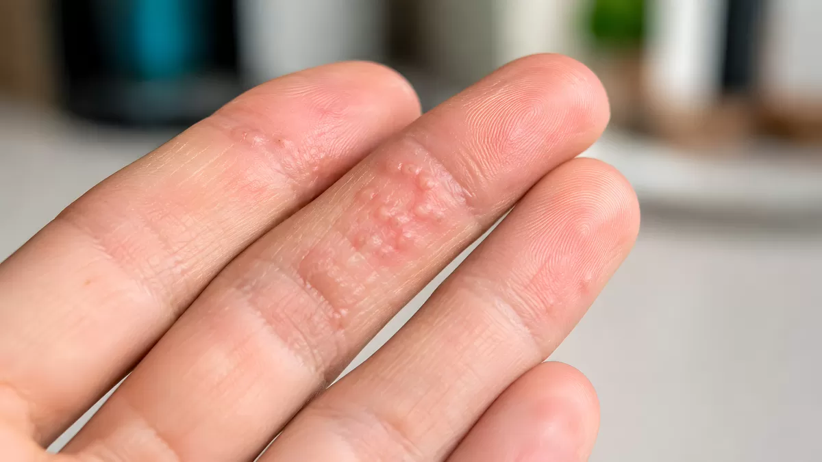 Gereizte Haut am Finger mit kleinen Bläschen