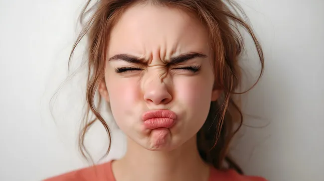 Gereizte junge Frau schürzt die Lippen