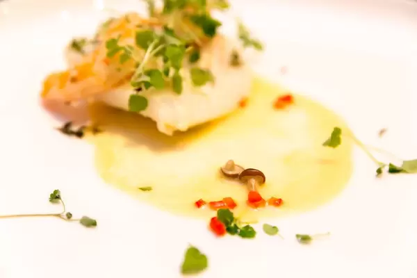 Gericht Erde und Ozean bei Chino Latino: Steinbutt, Garnelen, Edamame Nage, Zitronen Thymian, Shimeji Pilze