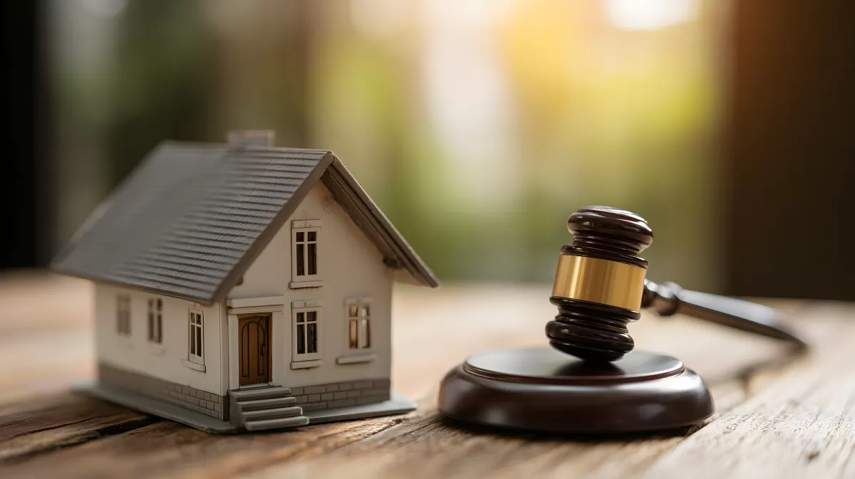 Gerichtsgebäude und Richterhammer auf Holzoberfläche