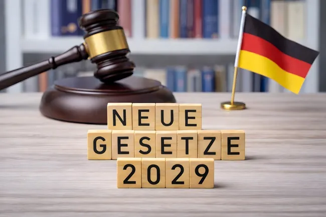 Gerichtshammer und deutsche Flagge - Neue Gesetze in Deutschland 2029