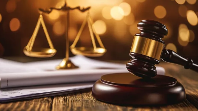 Gerichtssaal-Symbolik: Waage und Richterhammer auf Holztisch