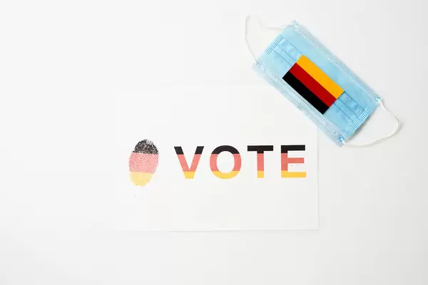 German election in 2021 during the Coronavirus pandemic. German flag, face mask and text "Vote"