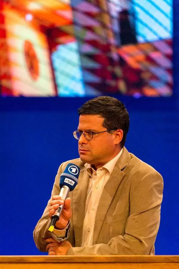 German political scientist and professor Gideon Botsch at the ARD Kontraste show stage at IFA exhibition in Berlin, on the subject of right wing parties