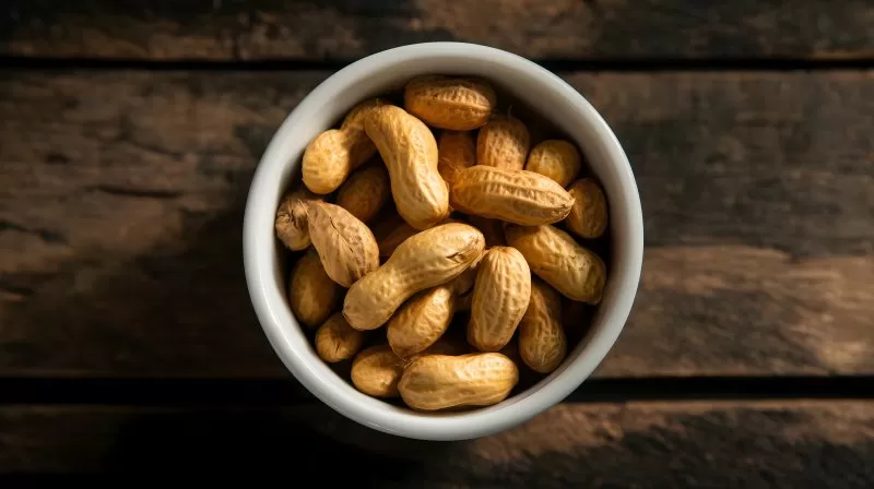 Geröstete Erdnüsse in weißer Schüssel auf Holz