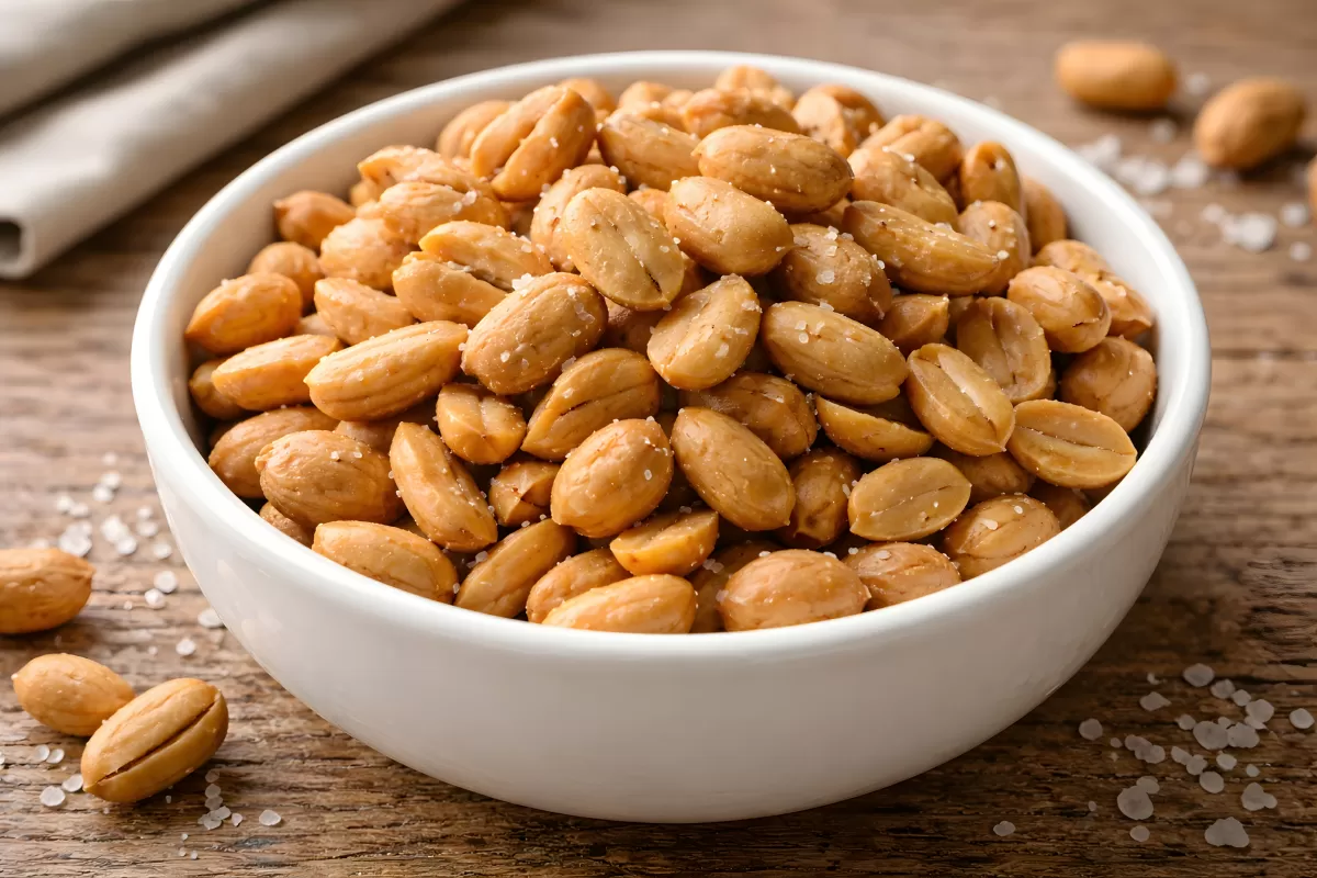Geröstete gesalzene Erdnüsse in weißer Schüssel
