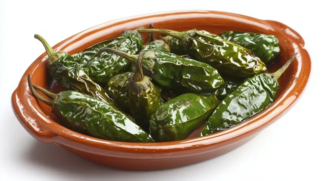 Geröstete grüne Paprika in rustikaler Terrakotta-Schale