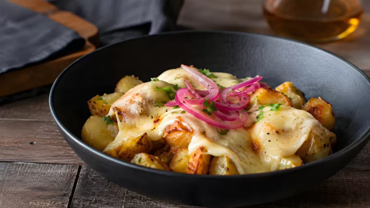 Geröstete Kartoffeln mit Käse und eingelegten Zwiebeln