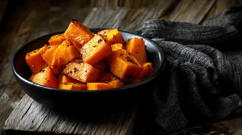 Geröstete Kürbisstücke in schwarzer Schüssel auf Holzoberfläche