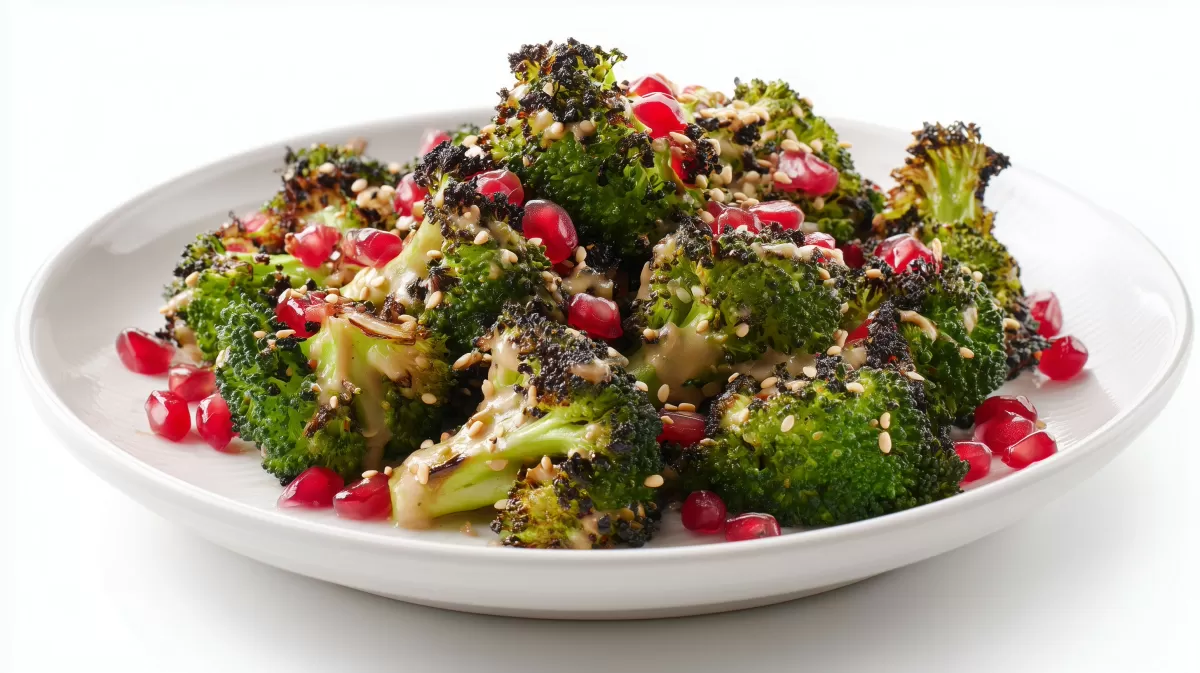 Gersteter Brokkoli mit Tahini Dressing und Granatapfel