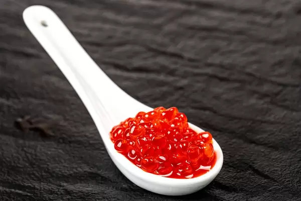Gesalzener roter Kaviar im weißen Löffel auf schwarzem Stein-Hintergrund