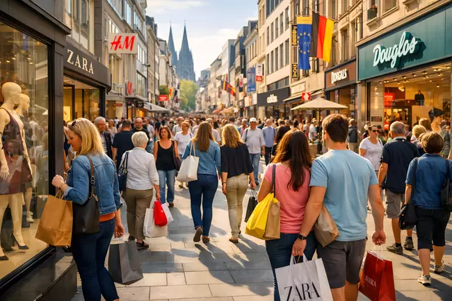 Geschäftige Einkaufsstraße in der Kölner Innenstadt