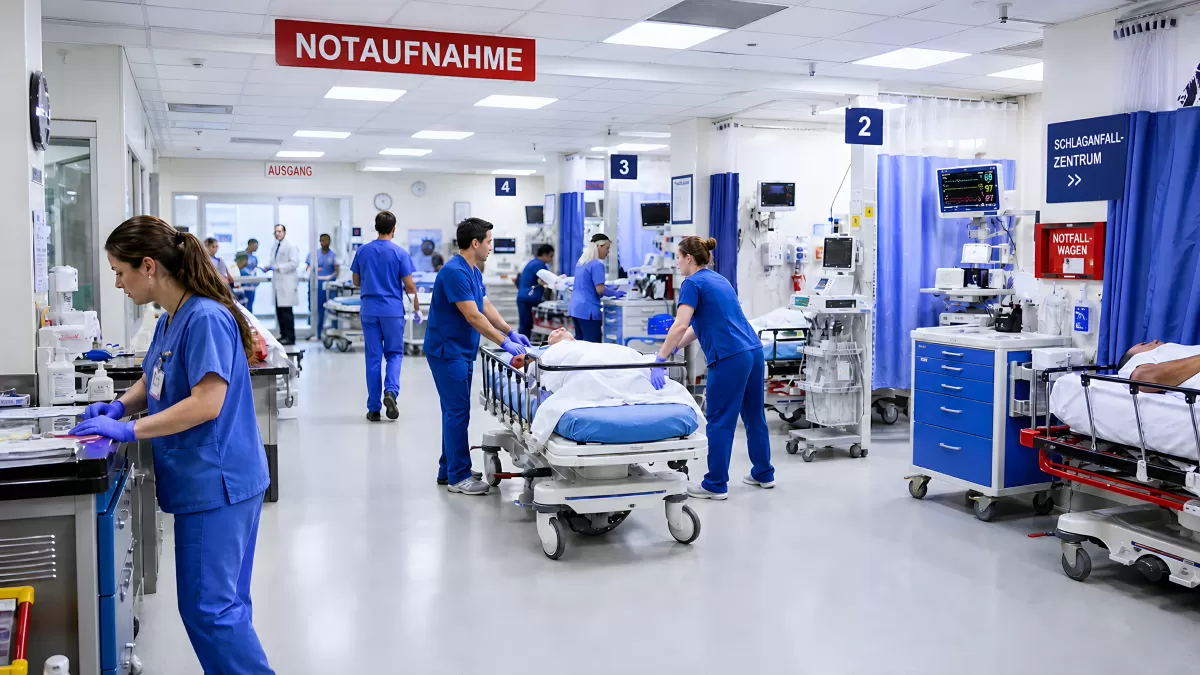 Geschäftige Notaufnahme mit Pflegepersonal in Aktion