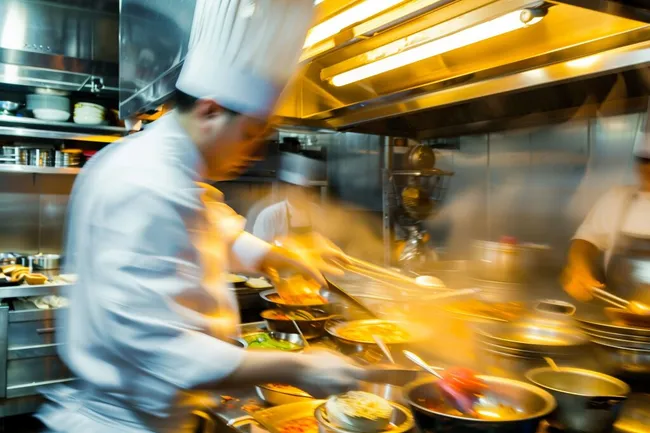 Geschäftiger Koch arbeitet schnell in moderner Restaurantküche