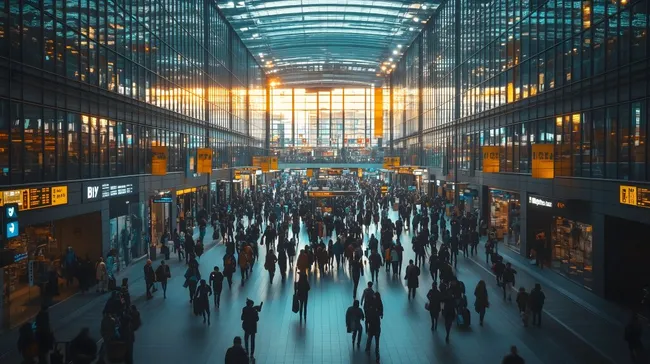 Geschäftiges Bahnhofsambiente mit modernem Glasdach